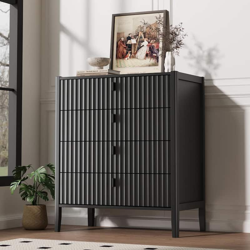 Modern Dresser, Fluted Wood Chest with Deep Drawers for Bedroom, Living Room - Black - 4-drawer