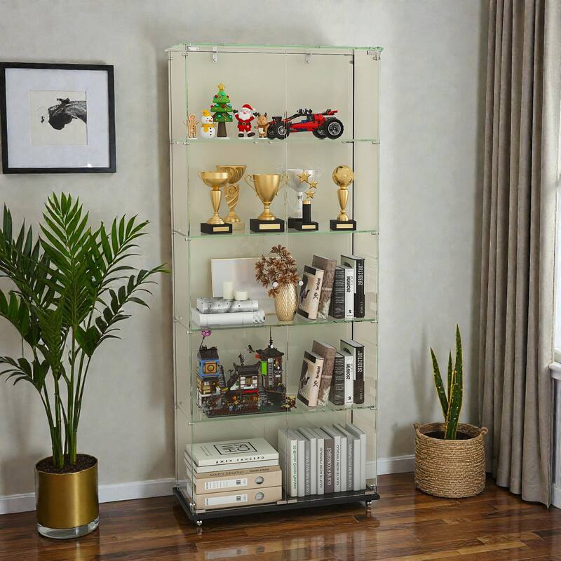 4-Tier Tempered Glass Display Cabinet with 5 Dynamic LED Modes, Double Doors & Fixed Shelves for Collectible Showcase