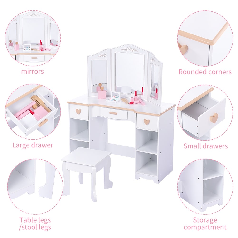 Kids Vanity with Chair Princess Makeup Desk Dressing Table with