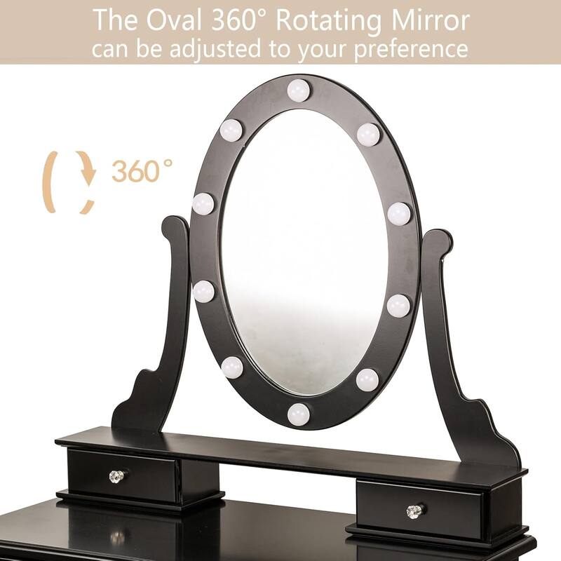 Modern Vanity Desk with Oval Mirror and Stool - Wood Makeup Dressing Table, 3 Lighting Modes, 5 Large Drawers