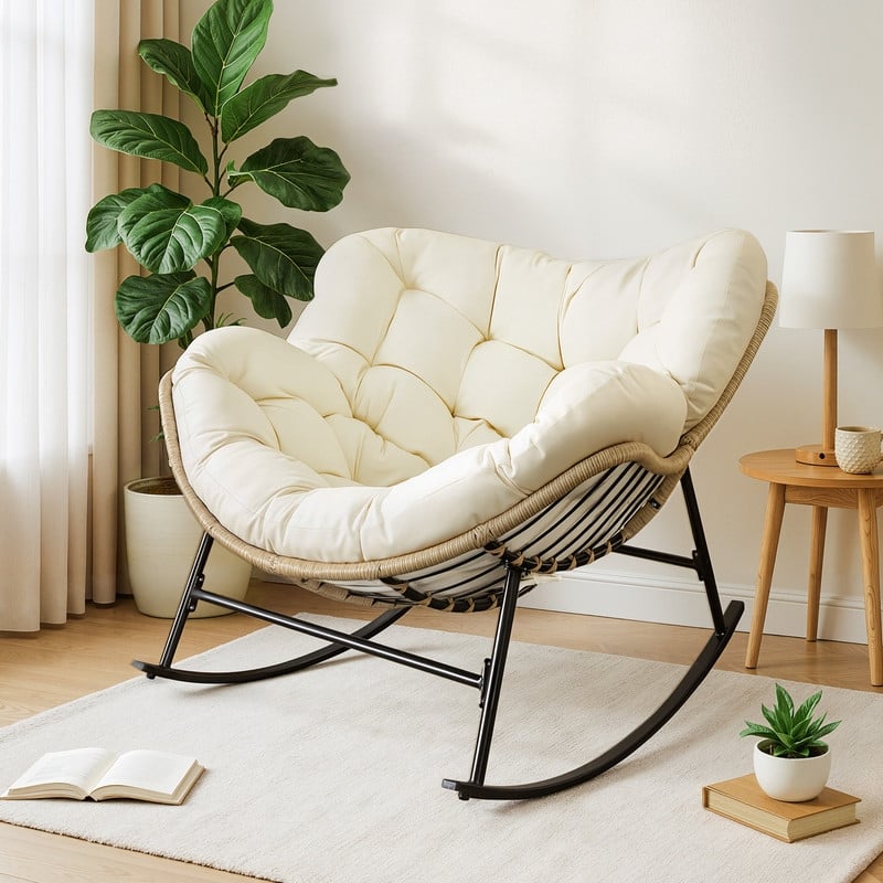 FINCATI Outdoor Rocking Papasan Chair, Rocking Chair Outdoor, 450 lbs Indoor Oversized Rocking Papasan, Comfy Rocking Egg Chair