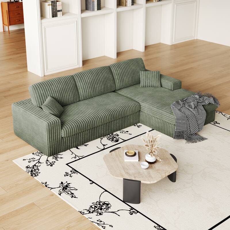 L-Shaped Sectional Sofa with Chaise Lounge, Corduroy Modular Foam Sofa, Upholstered Sofa with 2 Cushion & 2 Throw Pillows