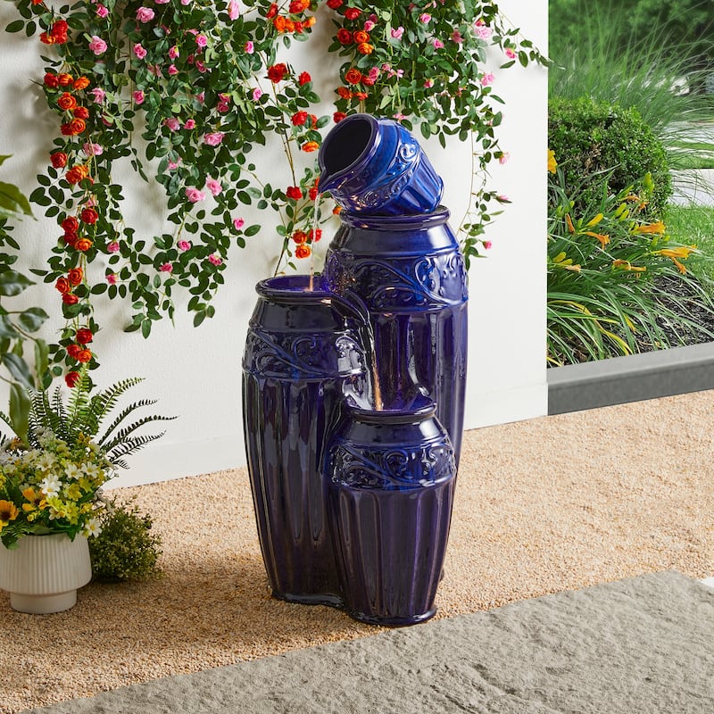 Glitzhome 27"H/35"H 3-Tier or 4-Tier Embossed Pattern LED Ceramic Pots Fountain
