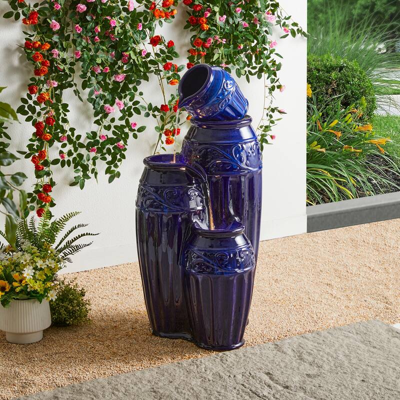 Glitzhome 27"H/35"H 4-Tier Embossed Pattern LED Ceramic Pots Fountain
