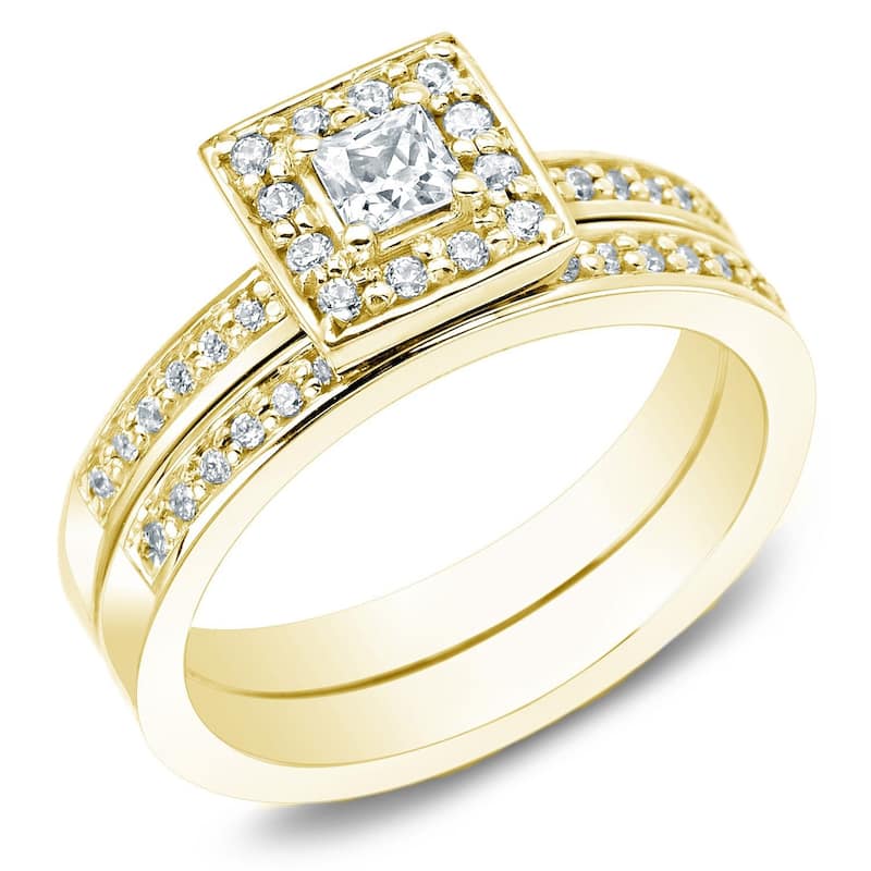 Auriya 14k Gold 1/2ctw Princess Cut Halo Diamond Engagement Ring Set (G-H, I1-I2) - Yellow - 4