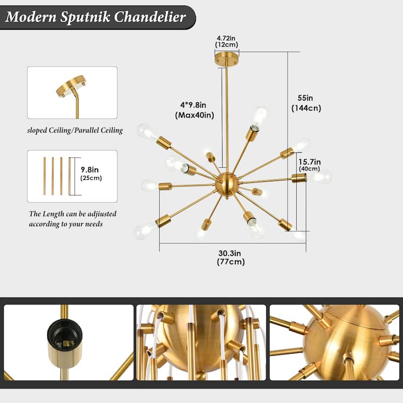 12-Light Sputnik Sphere Chandelier, Classic Semi Flush Mount Chandelier for Living Room Kitchen Island Dining Foyer