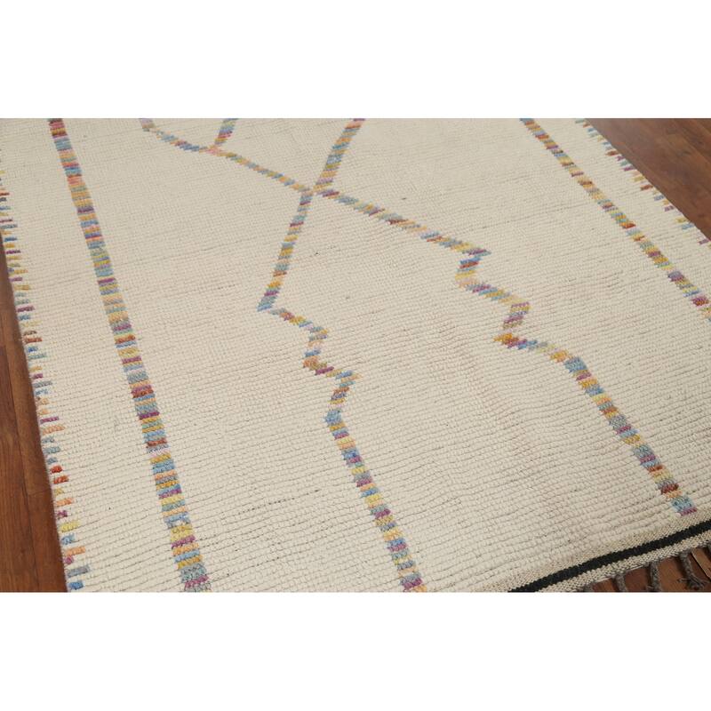 Ivory Moroccan Area Rug Hand-Knotted Stripe Wool Carpet - 4'11"x 8'8"