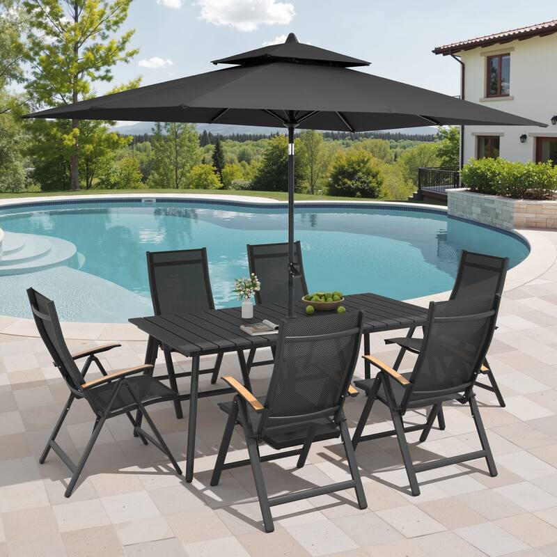 9/11-Piece Outdoor Aluminum Patio Dining Set w/10 ft Umbrella and Base, Rectangle Table and Folding Chairs - Set of 9 - Black Table with Black Umbrella