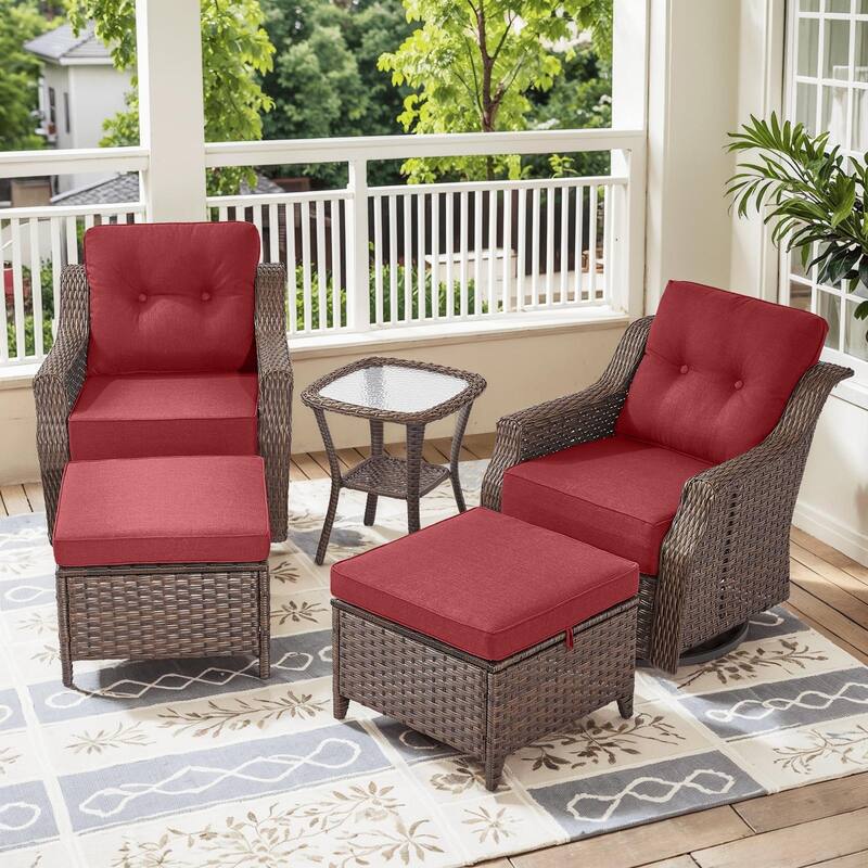 Pocassy Wicker Sofa Chair Set for Garden - Brown Wicker & Red Cushion - 5PCS Gldier Chairs Table with Ottoman
