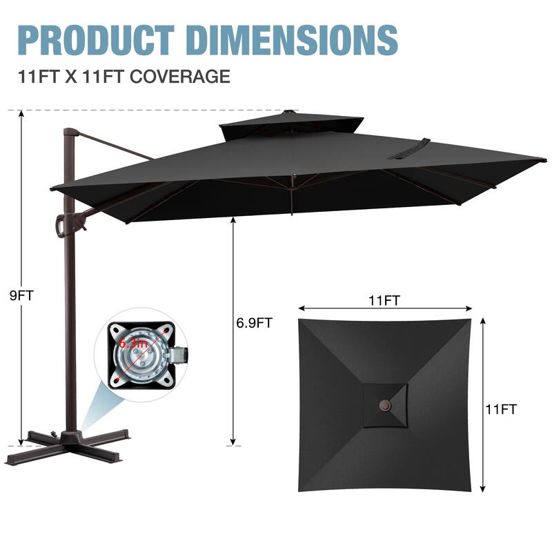 VredHom 11x11 FT Outdoor Patio Double Top Cantilever Offset Umbrella
