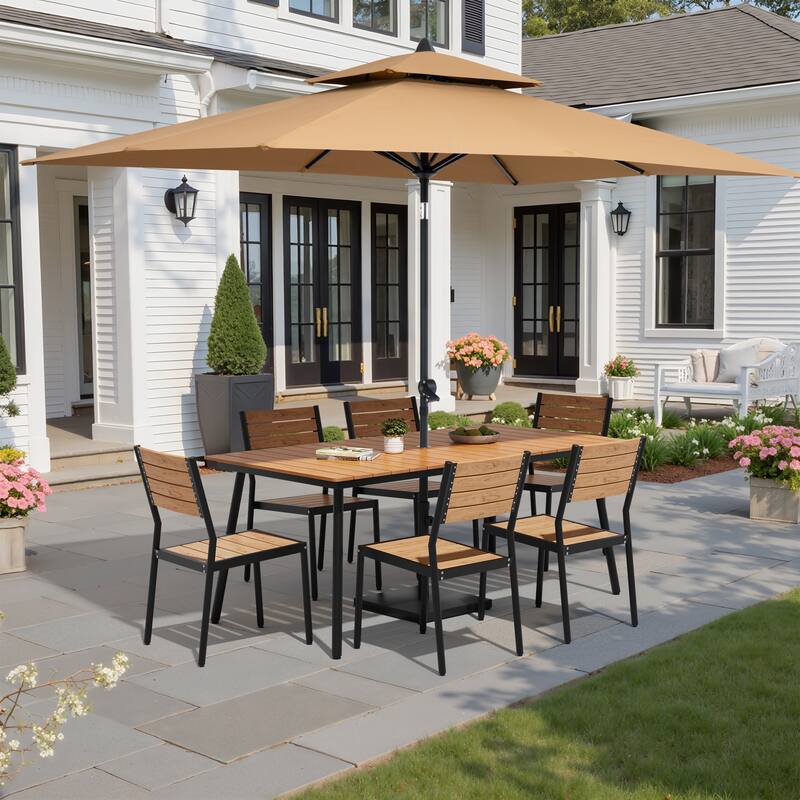 9-Piece Patio Dining Set Aluminum Dining Table and Stackable Chairs with Umbrella and Base