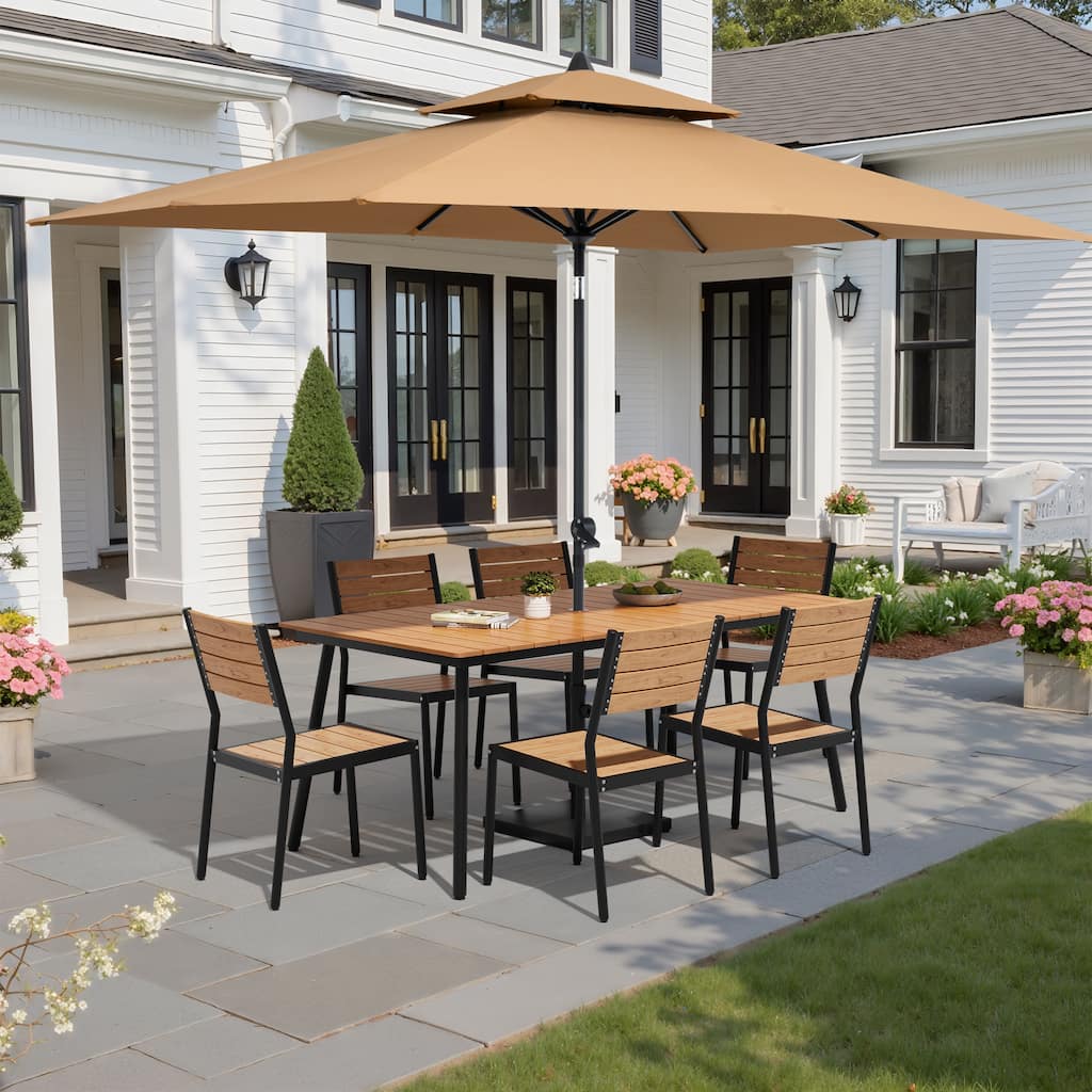 9-Piece Patio Dining Set Aluminum Dining Table and Stackable Chairs with Umbrella and Base