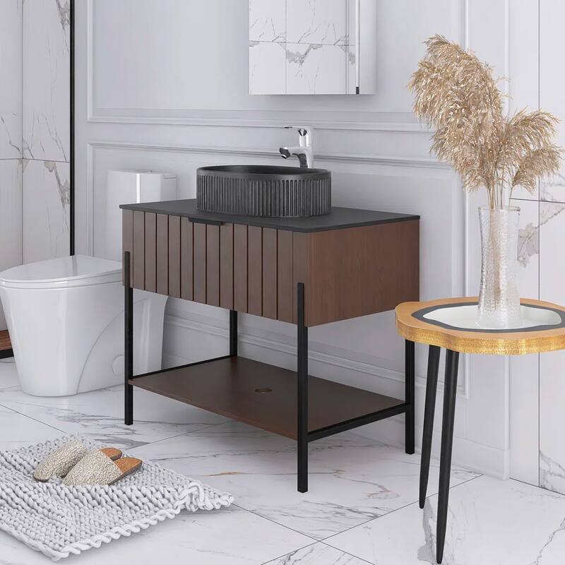 36" Freestanding Bathroom Vanity with Black Ceramic Basin and Open Shelf - 35.83'' x 18.9'' x 33.46''