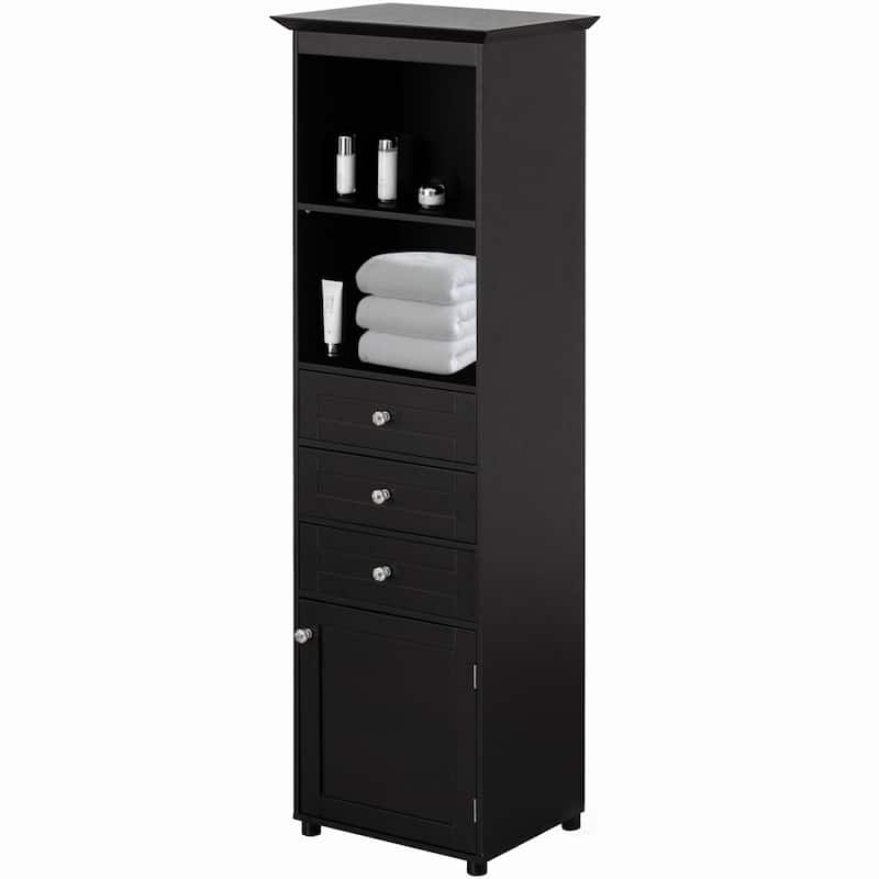 Tall Freestanding Storage Organizer Linen Tower, Vanity Closet, Bathroom Cabinet with 2 Open shelves, 3 Drawers, and a Closet - Black