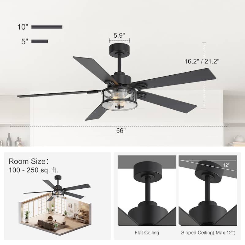 56" Reversible 5-Blade Glass Shade Ceiling Fan Chandelier with Light and Remote