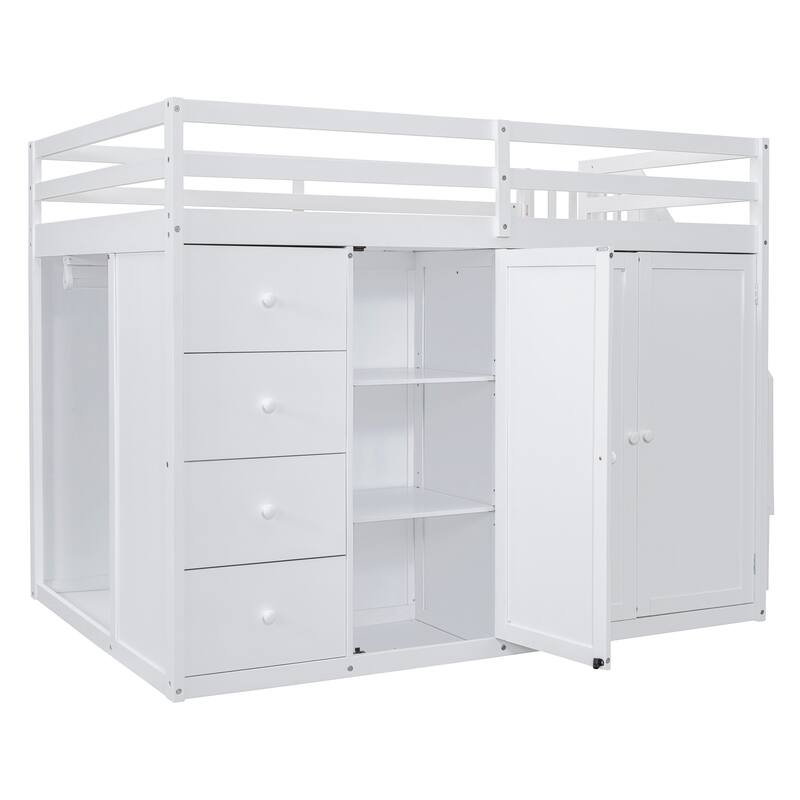 Roomfitters Full Size Loft Bed with Wardrobe, Drawers and Storage Staircase, White