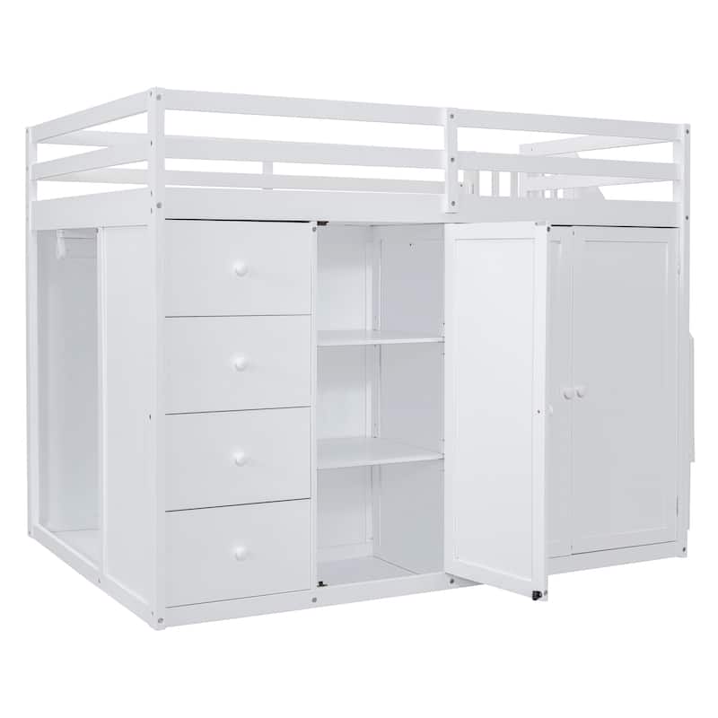 White Full Size Loft Bed with Built-in Wardrobes and Staircase, Space-Saving Design