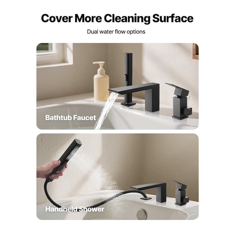Matte Black 3-Hole Deck Mount Widespread Roman Bathtub Faucet with Waterfall Fill and Handheld Shower - 8.94” x 2.83” x 6.89”