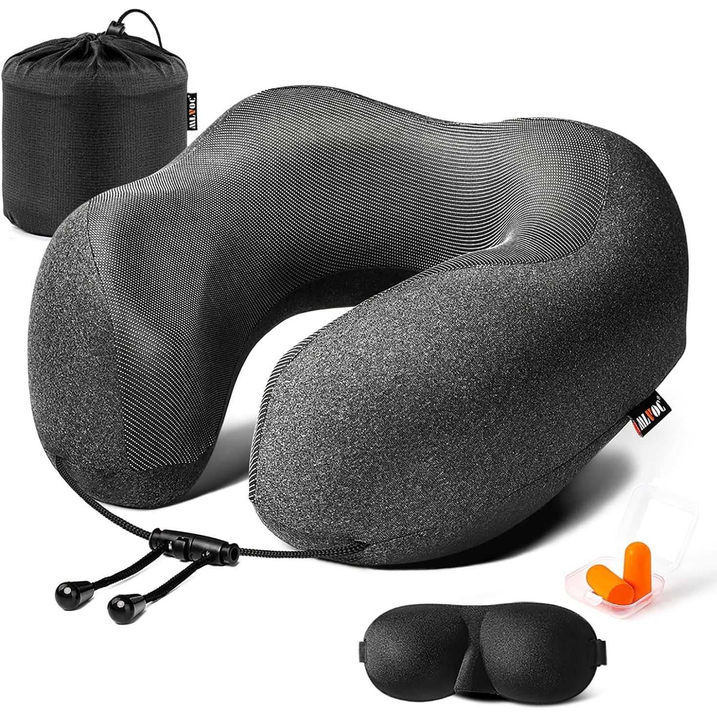 Travel Pillow 100% Pure Memory Foam Neck Pillow with 3D Contoured Eye Masks, Earplugs, and Luxury Bag, Standard (Black) - Black