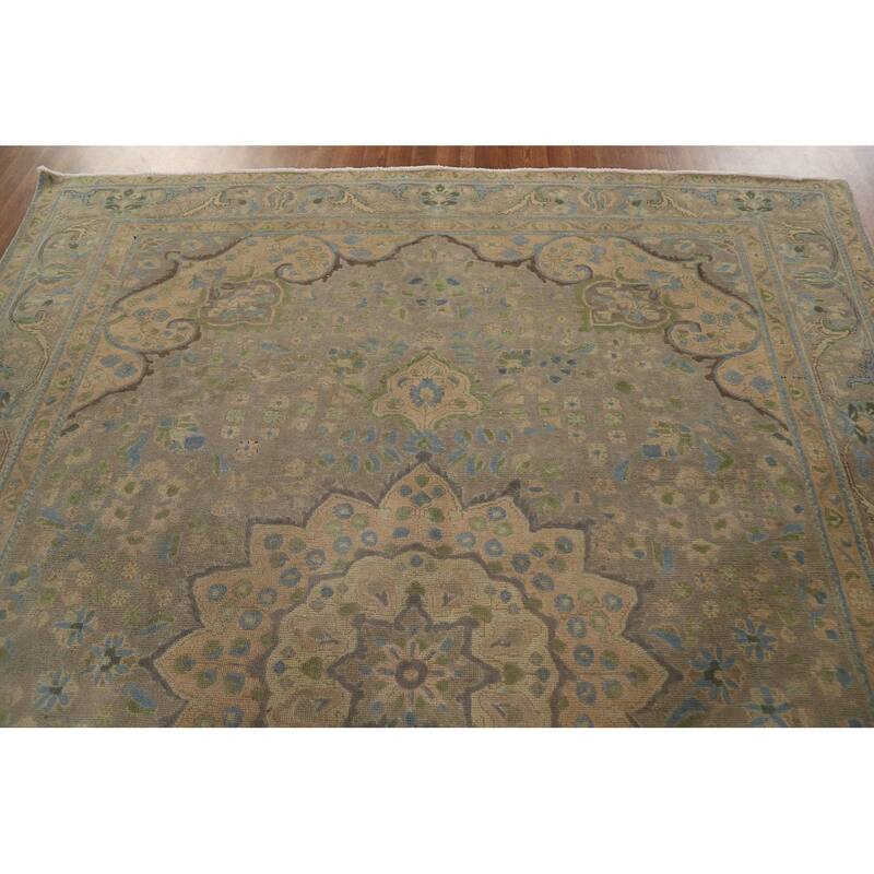Hand Knotted Oriental 100% Wool Carpet Traditional Medallion Greys & Charcoal Tabriz Area Rug - 10' 11'' X 8' 5''