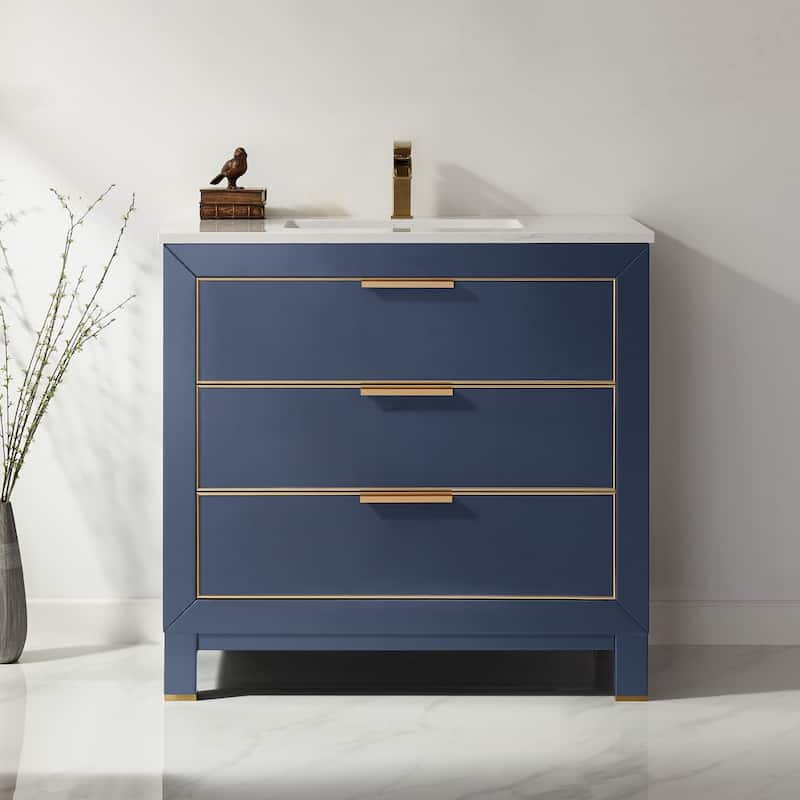 Altair Jackson Single Bathroom Vanity Set in Royal Blue and Aosta White Stone Countertop - 36 - 36 - Royal Blue + Brushed Gold Hardware