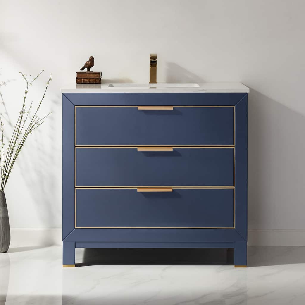 Altair Jackson Single Bathroom Vanity Set in Royal Blue and Aosta White Stone Countertop - 36