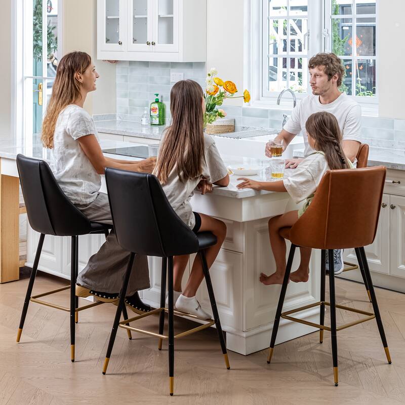 Homy Casa Set of 2 Faux Leather Counter Stools with Backrest and Gold-Tipped Metal Legs-Ideal for Modern Kitchens and Home Bars