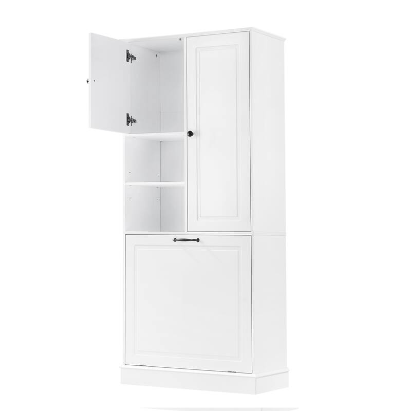 Roomfitters 67" Tall Storage Cabinet with Flip-Out Basket & Adjustable Shelves, MDF Linen Tower for Bathroom & Office