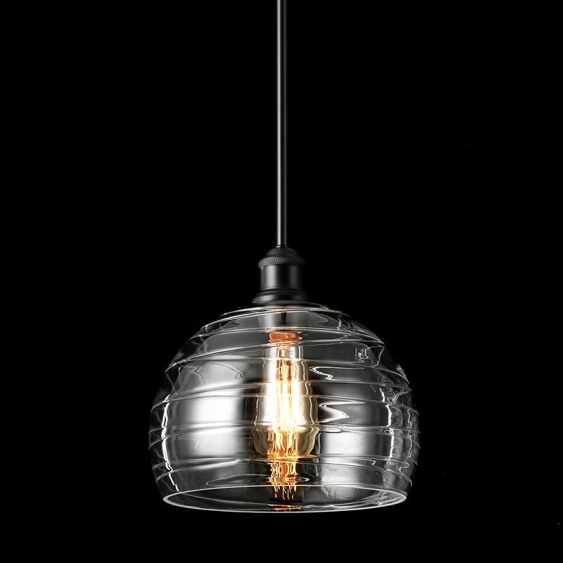 1-Light Modern Black Ribbed Glass Dome Kitchen Island Pendant Light - 9.06 in. W x 9.45 in. H