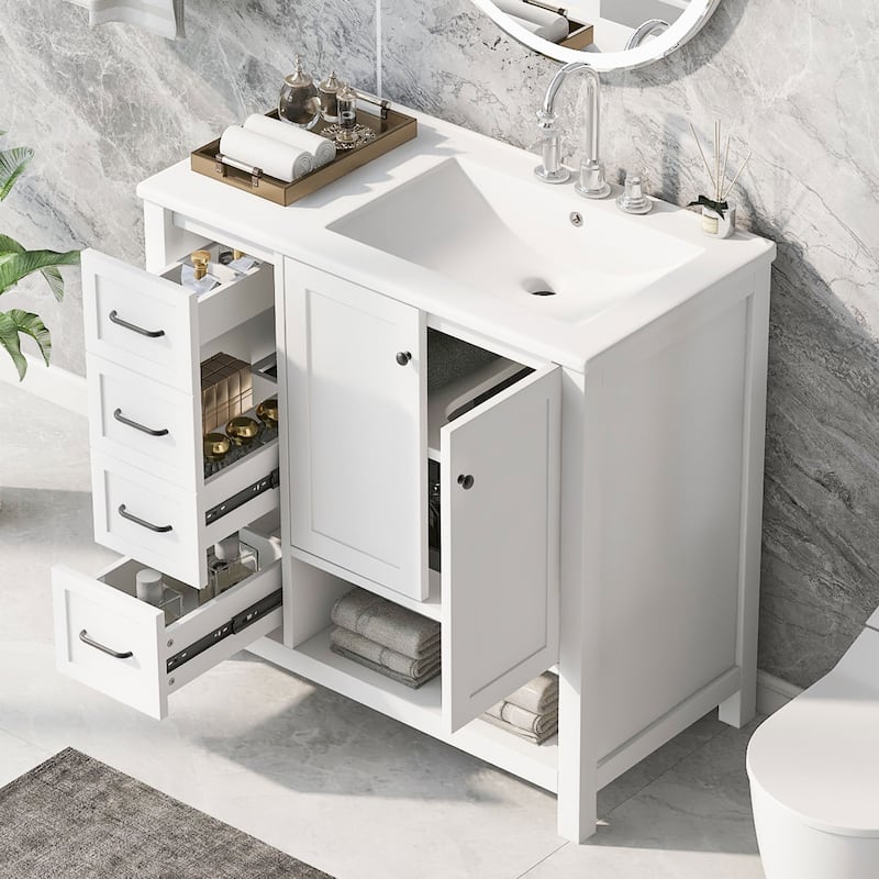 Bathroom Vanity with Ceramic Sink, Bathroom Storage Cabinet with 2 Drawers, Bathroom Vanity with 1 Tip-Out Drawer and 1 Door - White
