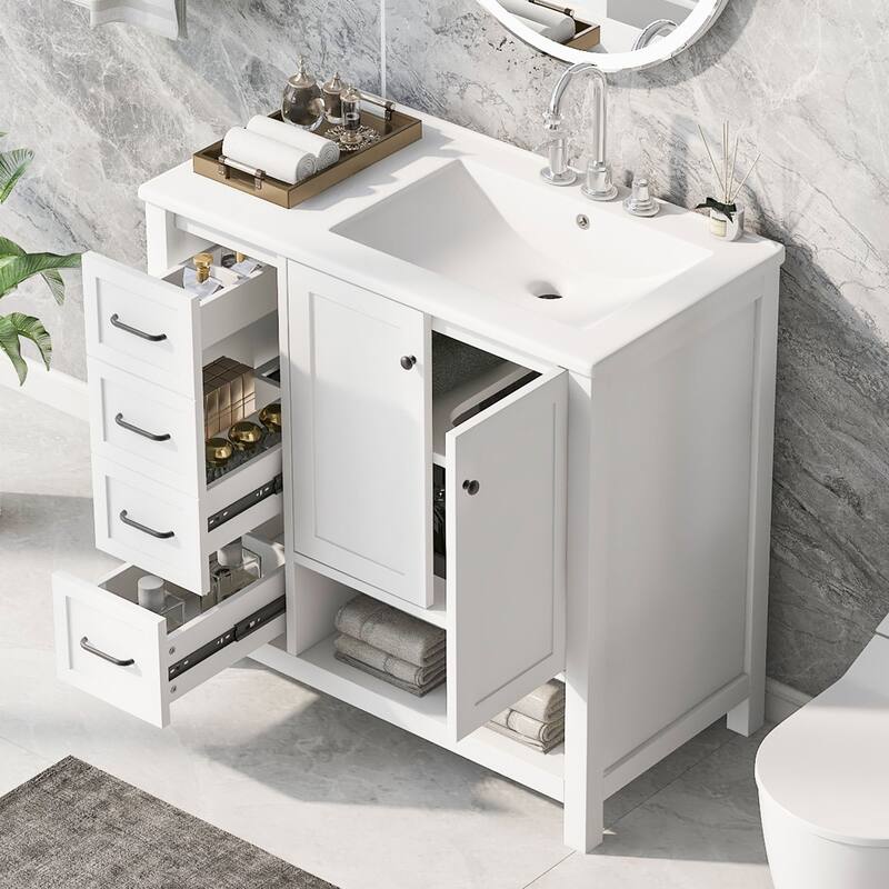 Freestanding Storage Cabinet Bathroom Vanity with Drop-In Sink, Ceramic Top, 2 Doors, 2 Drawers and Open Shelf