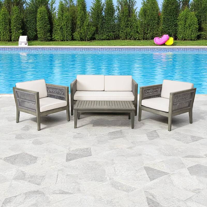 4-Piece Outdoor Patio Furniture Set with Rope Woven Seats,Includes 2 Club Chairs, Loveseat & Table,outdoor Conversation Set
