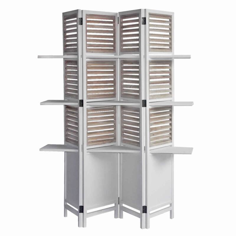 Contemporary 4 Panel Wooden Screen with Art Styled Shutter Design, White
