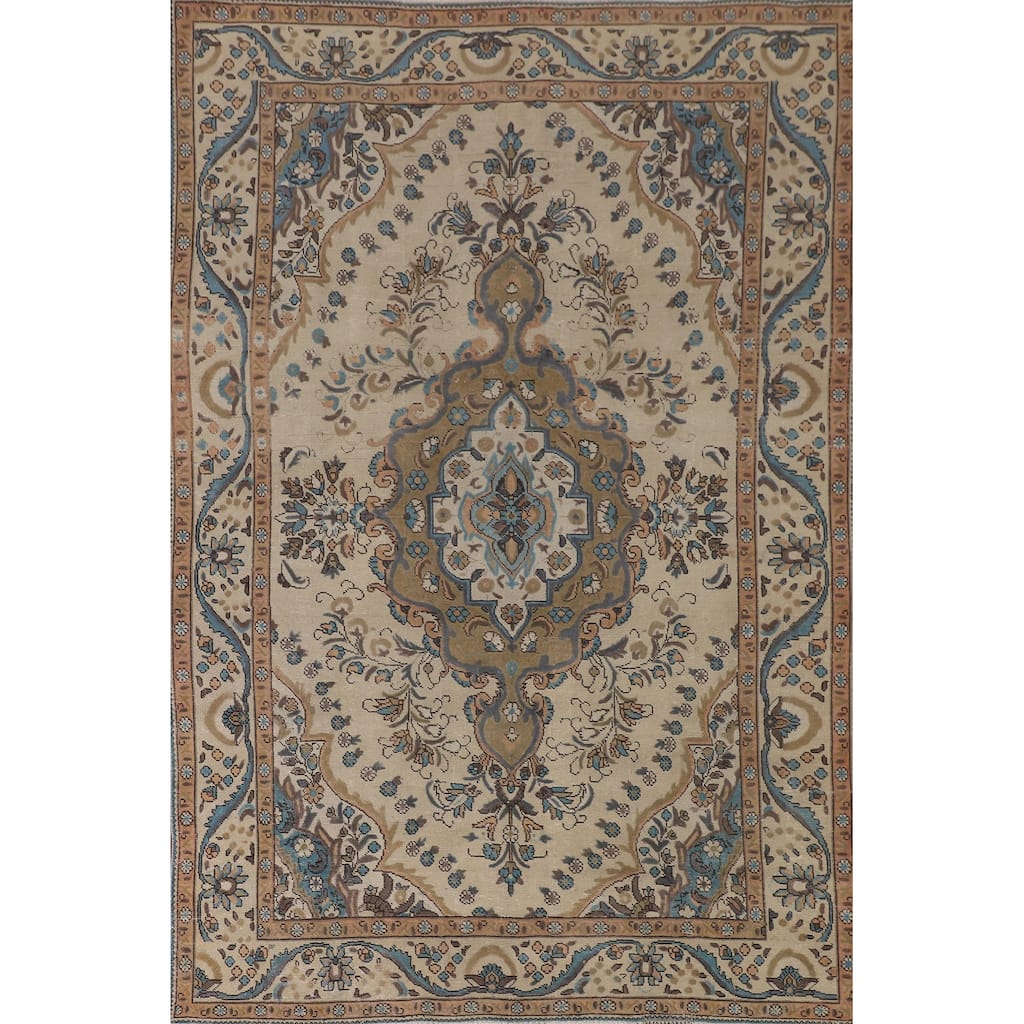 Tabriz Persian Vintage Rug Hand-Knotted Traditional Wool Carpet - 6'5"x 9'7"