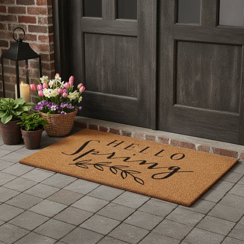 HomeRoots 24" X 48" Brown And Black Hello Spring Outdoor Coir Door Mat - 24.00' X '48.00 - 24.00' X '48.00
