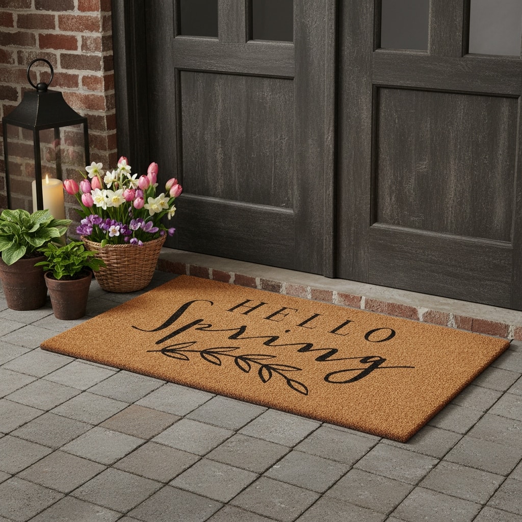 HomeRoots 24" X 48" Brown And Black Hello Spring Outdoor Coir Door Mat - 24.00' X '48.00