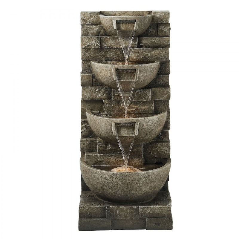Gray 4-Layer Outdoor Water Fountain for Patio Garden Yard with Soothing Flow and LED Lighting - 15.16 x 13.19 x 35.63 in