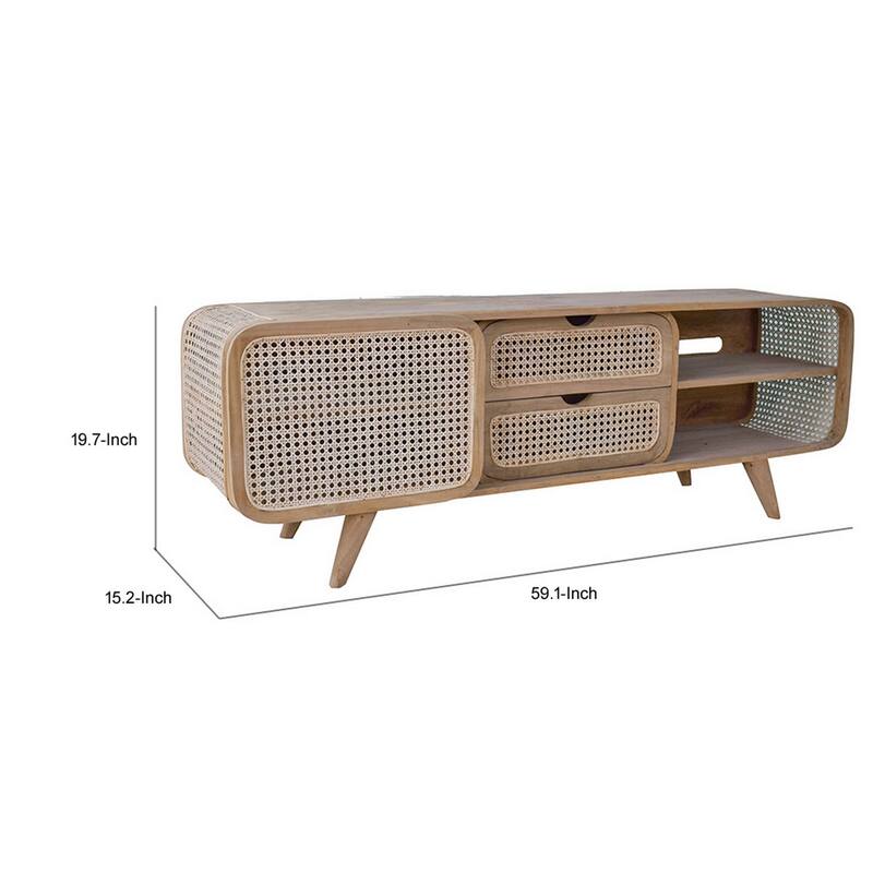 59 Inch TV Entertainment Console, Sliding Doors, Teak Wood, Rattan, Brown
