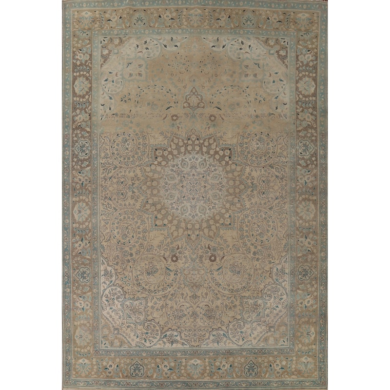 Distressed Tabriz Vintage Persian Rug Hand-Knotted Peach Wool Carpet - 9'11" x 13'3"