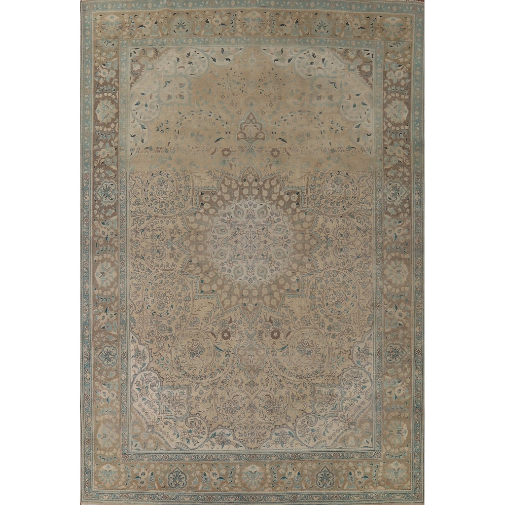 Distressed Tabriz Vintage Persian Rug Hand-Knotted Peach Wool Carpet - 9'11" x 13'3"