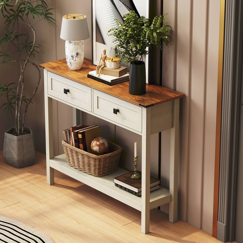 Console Table with 2 Drawer and Bottom Storage Shelf for Entryway,Rustic Side Table with Storage Drawer and Shelf