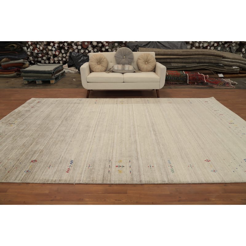 Hand Knotted Oriental Viscose Silk Carpet Tribal Animal Pictorial Beige & Ivories Gabbeh Area Rug - 12' 0'' X 8' 0''