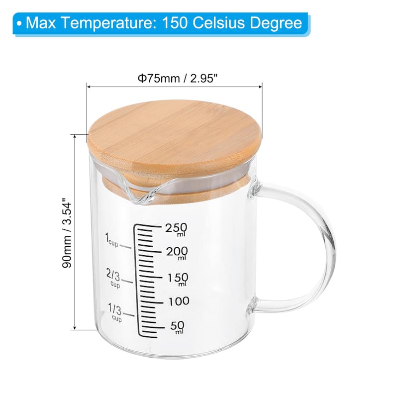 250ml Glass Measuring Cup, 3.3 Borosilicate Glass Black Printed with Wood Lid - Black