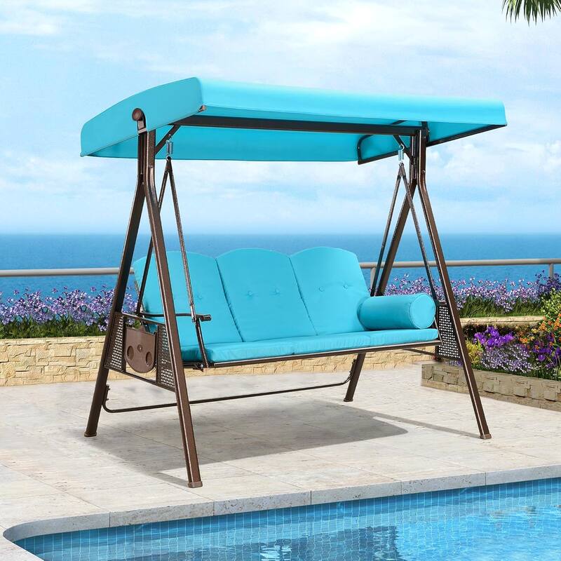PURPLE LEAF Deluxe Outdoor Patio Porch Swing with Weather Resistant Steel Frame, Cushions and Pillow Included - 3 Seat - Turquoise Blue