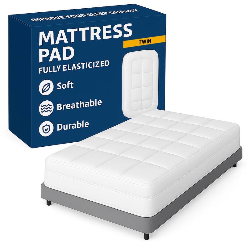 Mattress Pad, Cooling Cotton Pillow Top Cover Quilted Elastic Fitted Protector, 18-Inch-Deep Pocket - White - Twin