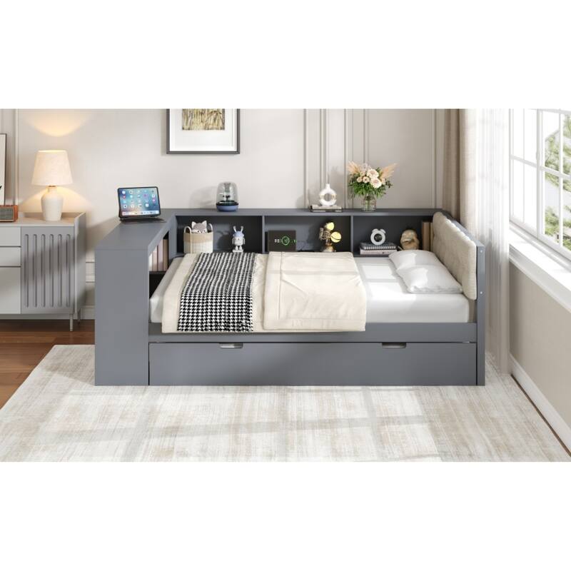 Roomfitters Twin/Full Wood Platform Bed with Trundle, Charging Station and Upholstered Headboard