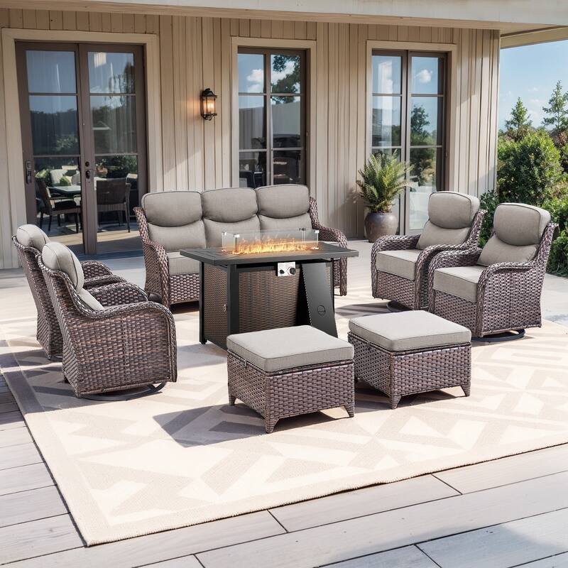 Pocassy Patio Furniture Set with 43 inch Fire Pit Table - Gray Cushion Brown Wicker - 8-Piece Sofa Siwvel Chair Ottoman w/ Fire Table