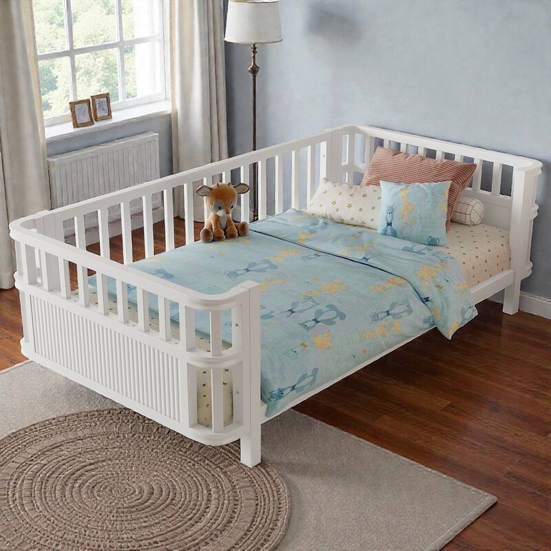 Kids Metal and Wood Platform Bed with Safety Rails, Low Profile Twin Full Children Bed for Boys and Girls