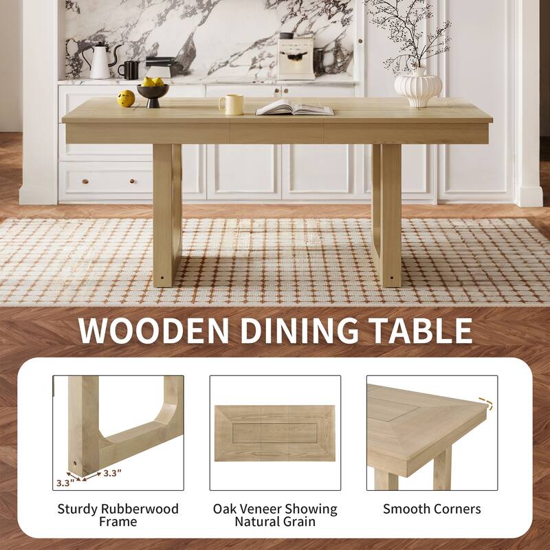 60"-78" Extendable Dining Table with Smooth Rails, Wooden Kitchen Table with Removable Leaf, Double U-Shape Base