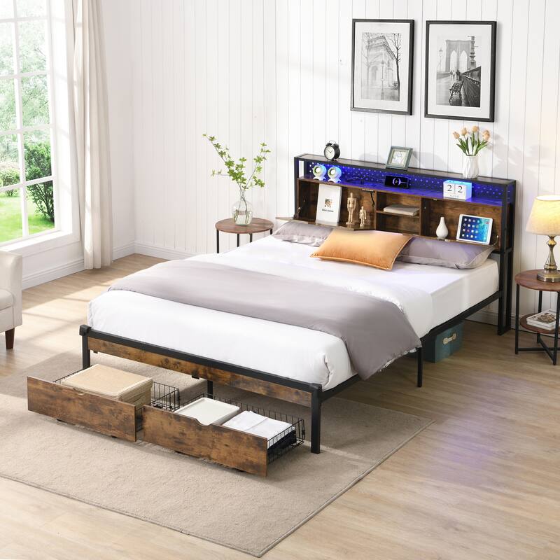 King Size Metal Platform Bed with Wooden Headboard, USB Charging, LED Lights, Storage Drawers, No Box Spring Needed